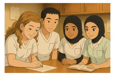 Scène intérieure Ghibli : quatre étudiants infirmiers collaborant, uniformes blancs à manches courtes, col en V, poche poitrine gauche, pas de col ni stéthoscopes, pas de tissus sous les manches. Expressions naturelles, ambiance conviviale, détails fidèles aux photos de référence. sticker