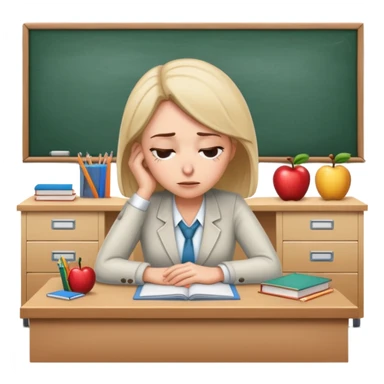 Exhausted female teacher with head down on classroom desk sticker