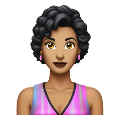 Tanned woman with black hair dressed in 1980s rock hair, makeup, and neon attire  sticker