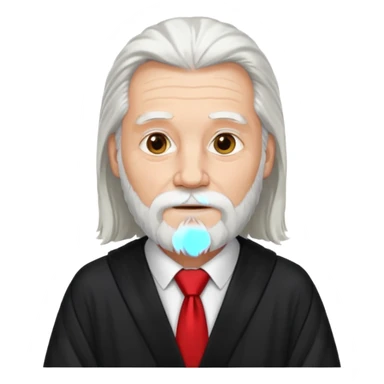 An older man with long white hair and beard, wearing a red tie and black robe sticker