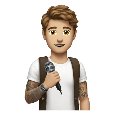 White boy with brown hair with arm tattoo and holding a microphone  sticker