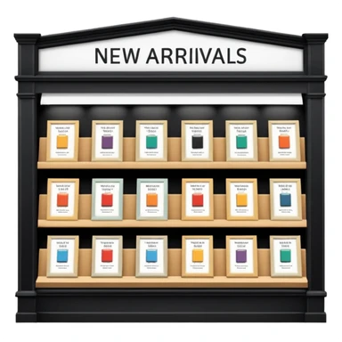 Bookstore window display. A sign displays “New Arrivals This Week”. Below, a shelf tag with the text “Best-Selling Novels Here”.  sticker