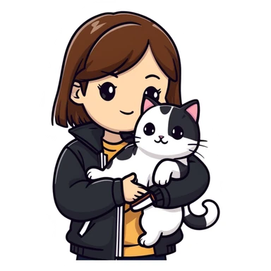 Light-skinned girl with brown straight hair wearing a black jacket, along with one pure white cat and one calico cat sticker