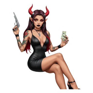 Lilith model red eye sexy black  devil horns.  long brown haired sexy succubus woman with leather long dress slit, sitting in limo. Wearing Black Platform high heels on feet. Tattoo sleeve arms, she has stacks of cash and a man dead human skull is on top of stack of cash and a gun in  hand sticker