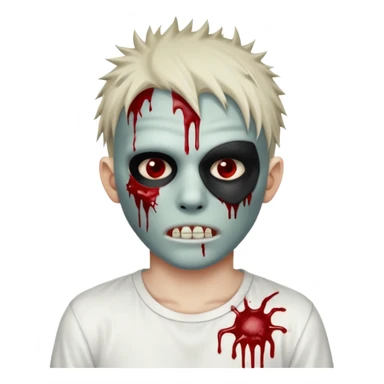 zombie boy with spiky emo hair and white shirt emoji and 

He wears an anonymous mask on half his face and has wounds on the other half. sticker