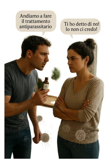 A highly realistic, cinematic photo of a young couple in their early 30s having an argument in a bright modern kitchen. The man, athletic build, wearing a casual T-shirt and jeans, is speaking firmly with a raised hand holding a small amber glass bottle labeled with a subtle herbal symbol, saying 'Andiamo a fare il trattamento antiparassitario' with a determined expression. The woman, with long dark hair tied in a messy bun, casual home outfit, crosses her arms with an angry, defensive expression, replying 'Ti ho detto di no! Io non ci credo!' while slightly turning away. Tension is visible in their body language, with the man leaning forward trying to explain and the woman leaning back, her eyebrows furrowed. Around them, subtle ghostly overlays of microscopic parasites are faintly visible near their abdominal areas, symbolizing the hidden reason for the argument. The kitchen is bright and modern with plants and natural light, contrasting the emotional tension. The style is hyperrealistic with warm tones and shallow depth of field focusing on their facial expressions, illustrating the conflict between belief in natural treatments and skepticism within the couple regarding hidden parasitic infections. in italiano sticker