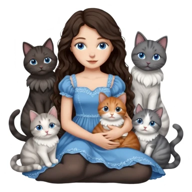 detailed realistic looking a dark grey and white cat regally sitting with six other cats, cuddling with their owner who is a pretty bratz lightly tanned white girl with long dark brown hair, blue eyes and gorgeous long wavy hair wearing a pretty detailed dress sticker