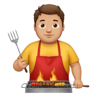 chubby man messy hair and dirty yellow shirt and a red apron grilling bbq and skewers on a sizzling grill sticker