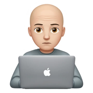 bald young programmer with MacBook  sticker