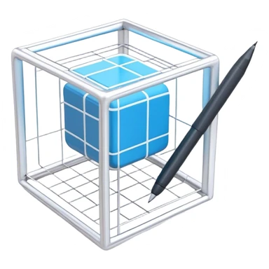 Create an emoji for 3D visualization and modeling. Show a 3D wireframe model or shape (e.g., a cube or sphere) with a design tool like a stylus and 3D rendering software interface. Use modern, professional colors. Do not include any emojis or smiley faces. Make the background transparent. sticker