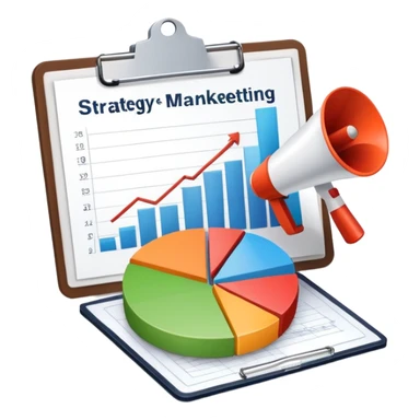 An icon featuring a pie chart, a megaphone, and a clipboard with strategy plans, symbolizing management and marketing. The design includes upward-trending graphs set against a modern office backdrop. Transparent background emphasizes business strategy and communication. sticker
