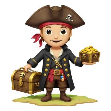 A 3D cartoon pirate character with one eye covered by a black eye patch, holding a treasure chest filled with gold coins and jewels, standing on sandy ground, wearing a pirate hat and coat, warm sunset lighting, realistic Memoji-style rendering. sticker