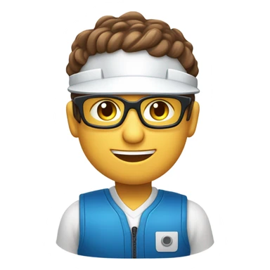 Tecnico electricista de color blanco,con cabello cafe y ojos cafe, con chaleco de seguridad azul y casco azul, gafas de trabajo, hombre, feliz sticker