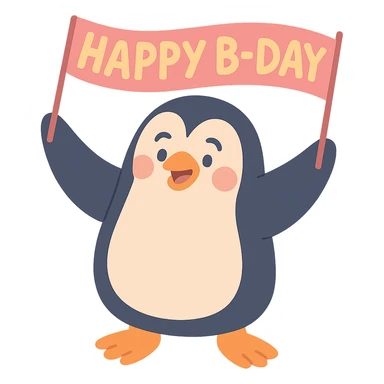 penguin holding a "Happy B-Day" banner, pastel-toon style sticker