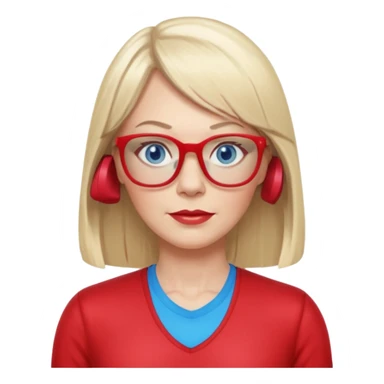 45 yr old white woman, pale skin, long straight blond hair parted in center, blue eyes, bangs, clothes for gym, big red glasses sticker