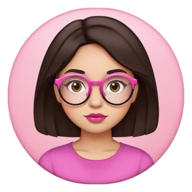 pele branca mas não tão pálida, franja acima da testa, cabelo abaixo um pouco do ombro, cabelo cor castanho escuro igual os olhos, olhos grandes, bochechas um pouco grande, lábios rosada, óculos redondo meio quadrado sticker