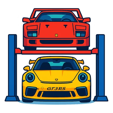 front view of a Ferrari F40 on a car lift above a yellow Porsche GT3 RS, cartoon, vibrant colors, transparent background sticker