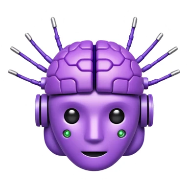 3D emoji icon of a purple circuit-patterned brain, small robot head with antennas on top, glowing binary ring, clean white background, minimalist tech style." sticker