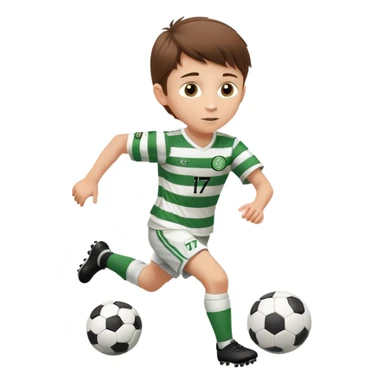 Celtic footballer jersey logo  6 years old brown hair white boy , brown eyes , stripes uniform , RUNNING  with soccer ball # 17 celtic football logo PUT ONLY ONE LOGO sticker