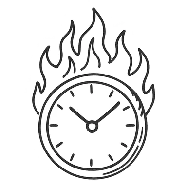 minimal hand-drawn outlined icon of a burning round clock with vivid flames, no fill sticker