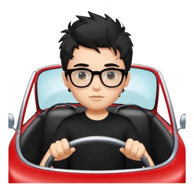 generate a pretty bratz fair skinned boy with black messy hair wearing a black tshirt driving a red car. Glasses on.  sticker
