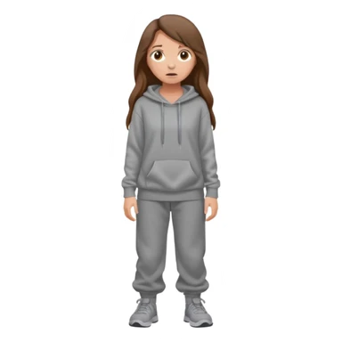 Chica grande  asustada de cuerpo completo mirado a la izquierda con pelo castaño largo  pantalones baggy  grises y hoodie gris  sticker