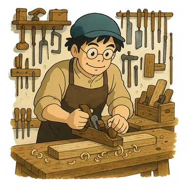 ghibli style carpintero en su taller, herramientas y banco de trabajo sticker
