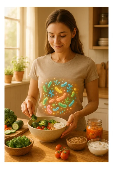 A realistic, warm-toned image of a young woman in a bright, cozy kitchen preparing a healthy meal rich in fiber and probiotics. She smiles softly, focused and calm, as she adds fresh vegetables, fermented foods like yogurt or kimchi, and whole grains to a bowl. Around her abdomen, a subtle, glowing overlay of balanced gut flora—colorful, friendly bacteria and microbes—swirls gently, symbolizing intestinal health and harmony. The setting is natural and inviting, with sunlight streaming through the window, potted herbs on the counter, and clean wooden surfaces. The overall mood conveys wellness, self-care, and the positive journey toward gut balance sticker