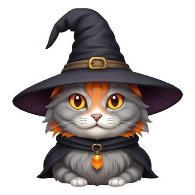 Grey cat with orange eyes with witch hat sticker