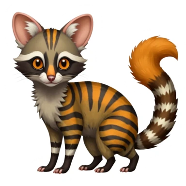 Feral Rare Fantasy shaded detailed colorful Genet-Possum-Trico-Civet-Cacomistle-Oncilla-species by LiLaiRa,, with white stripes with dark-blackish points, white belly, random markings, tufted tail, tufted ears, full body sticker