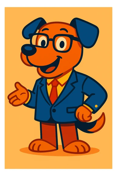 Add glasses to the dog in a suit, cartoon style, playful, colorful, keep background as is. sticker
