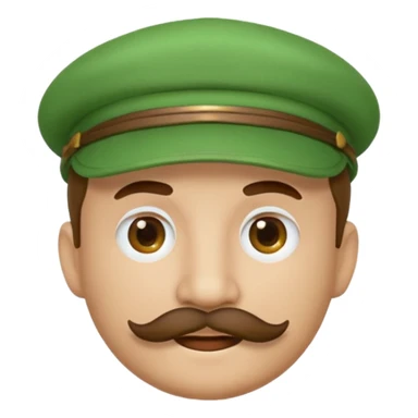 round emoji face with brown mustache and green cap with white circle emblem, 3D emoji style, 1:1
 sticker