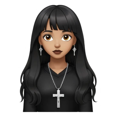 Brown girl with a lighter skin tone, long wavy hair, straight bangs, extremely black hair, more gothic appearance but not too gothic, silver-toned crucifix pendant, Black clothes, she doesn't wear earrings sticker