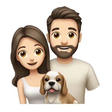 Brunette happy couple boy with beard and girl  with long hair with one cute beige French bull dog  sticker