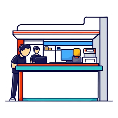 shop counter with register and clerk sticker