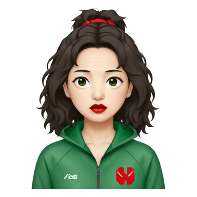 Han Mi-nyeo: Age Late 60s
A woman with many wrinkles face, frizzy, very messy dark brown hair and dramatic red lipstick.
Outfit: Green player tracksuit sticker