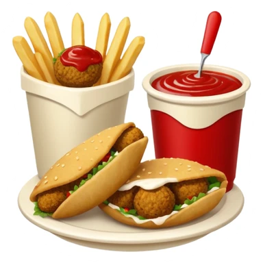 falafel and fries, with two containers with  red sauce and white sauce  sticker
