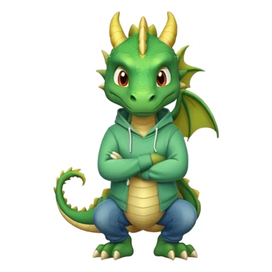 friendly anthropomorphised green dragon in a hoodie and jeans with arms folded, relaxed pose sticker