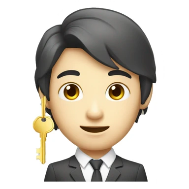 skinny eyed asian realtor with hair handing a gold key sticker
