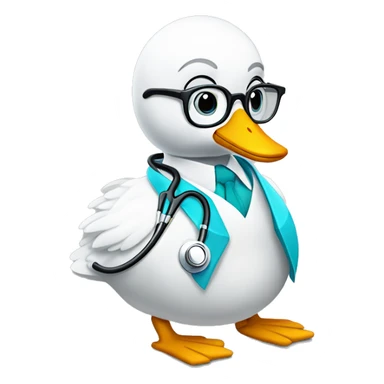 an adult swan dressed with a clinician costume with glasses and a stethoscope sticker
