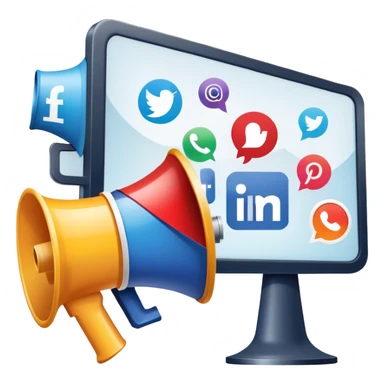 An icon featuring a megaphone, a billboard, and social media icons, symbolizing advertising and public relations. The design includes a press release and a rising graph, representing brand promotion and communication strategies. Transparent background highlights media influence and outreach. sticker