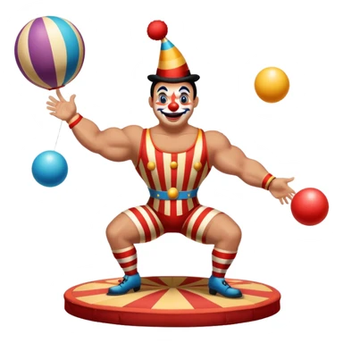 Icon for Circus Arts: a vibrant circus arena with a strongman in a striped costume, a juggler, and a clown performing. The icon should capture the excitement and energy of a circus show, with emphasis on skill and entertainment. Transparent background. sticker