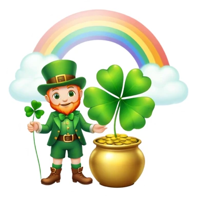 Green shiny four leaf clover with a little leprechaun standing beside the pot of gold with a rainbow  sticker