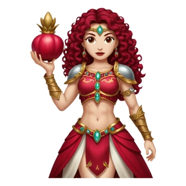 full body woman long curly brown hair brown eyes white skin tattoos muscular build pomegranate empress armor split open jewel seeds glow sticker