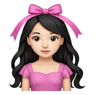Beautiful girl with long black hair in a half-up half-down hairstyle with pink ribbon tying the top half, waves at the ends, brown eyes, light skin, slight smile, and pink dress sticker