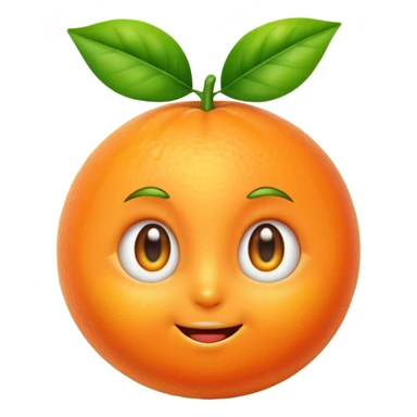 cute tangerine emoji with big shiny eyes, small smile, blushing cheeks, green leaf on top, looking touched and emotional sticker