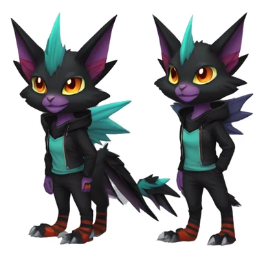 Cool Anthro Black Noivern-Quiana-Litten-Pokémon with edgy stripes hoodie spiked collar punk Full Body sticker