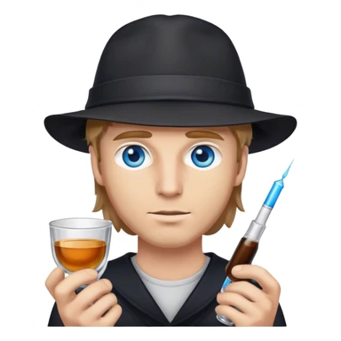 white man light brown hair blue eyes wearing black holding shot hat on head sticker