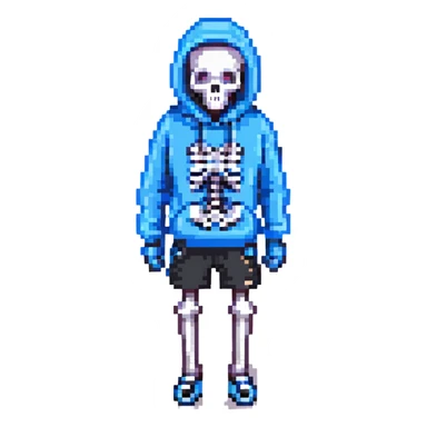 Sans from Undertale, pixel art style, blue hoodie, black shorts, white skeleton sticker