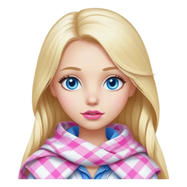 A beautiful blonde girl with long hair, blue eyes, pink lips is wrapped in a white plaid with her head sticker